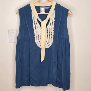 GIRLS FROM SAVOY Teal Blue Sleeveless Silk Top w/ Cream Lace Accents & Trim Sz 8